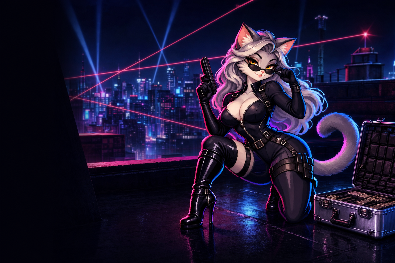 Sexy Agent CAT kneeling on a neon city rooftop beside an open chrome briefcase, lasers cutting the night sky