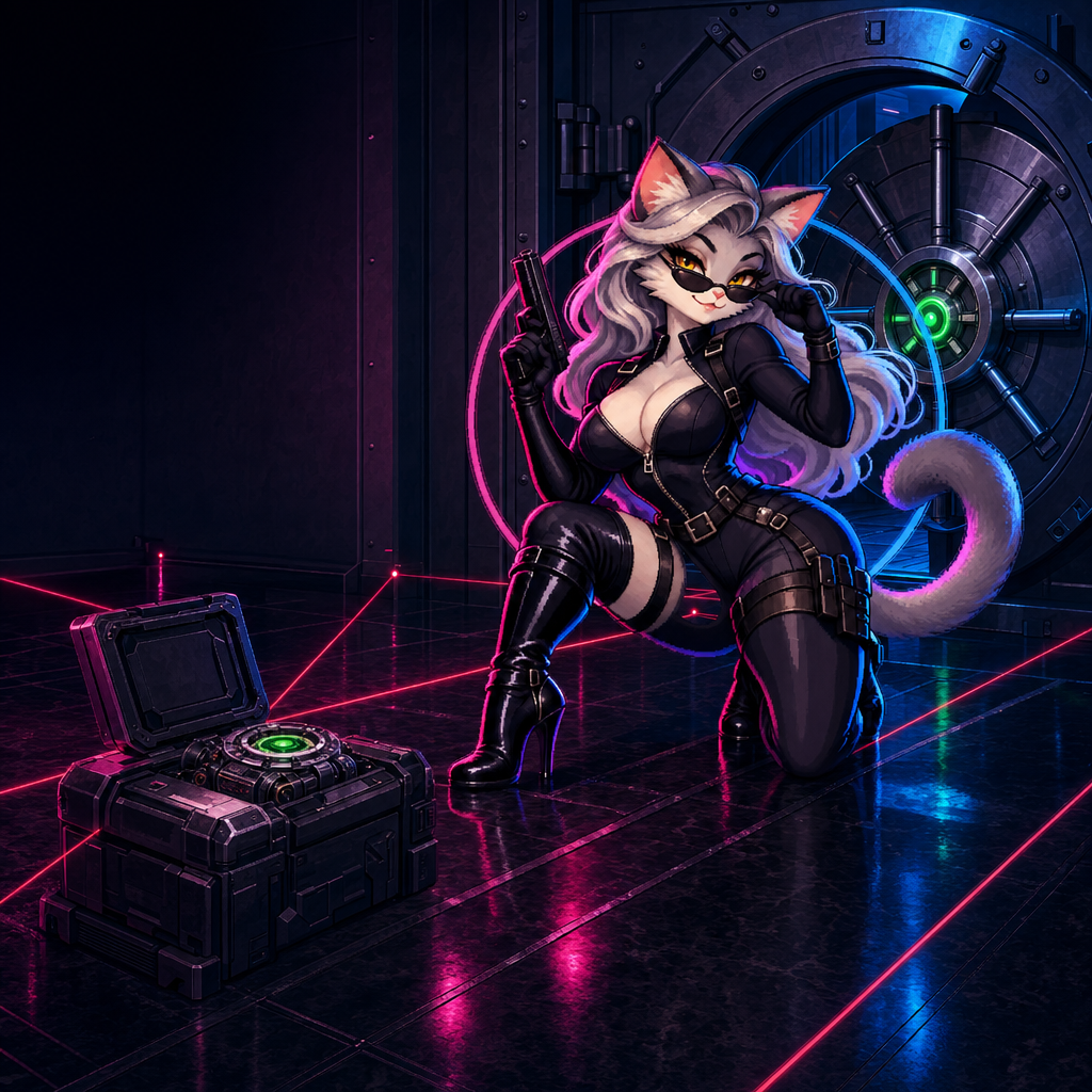 Sexy Agent CAT kneeling before an open bank vault while red laser beams cross the floor